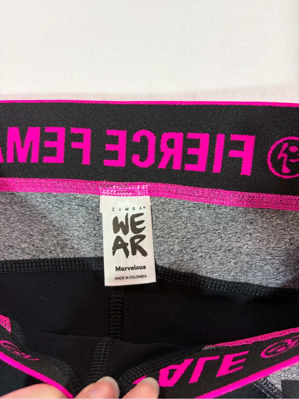 Zumba Fitness Black Leggings with Hot Pink Waistband and Gray Check Panels - Picture 2 of 7
